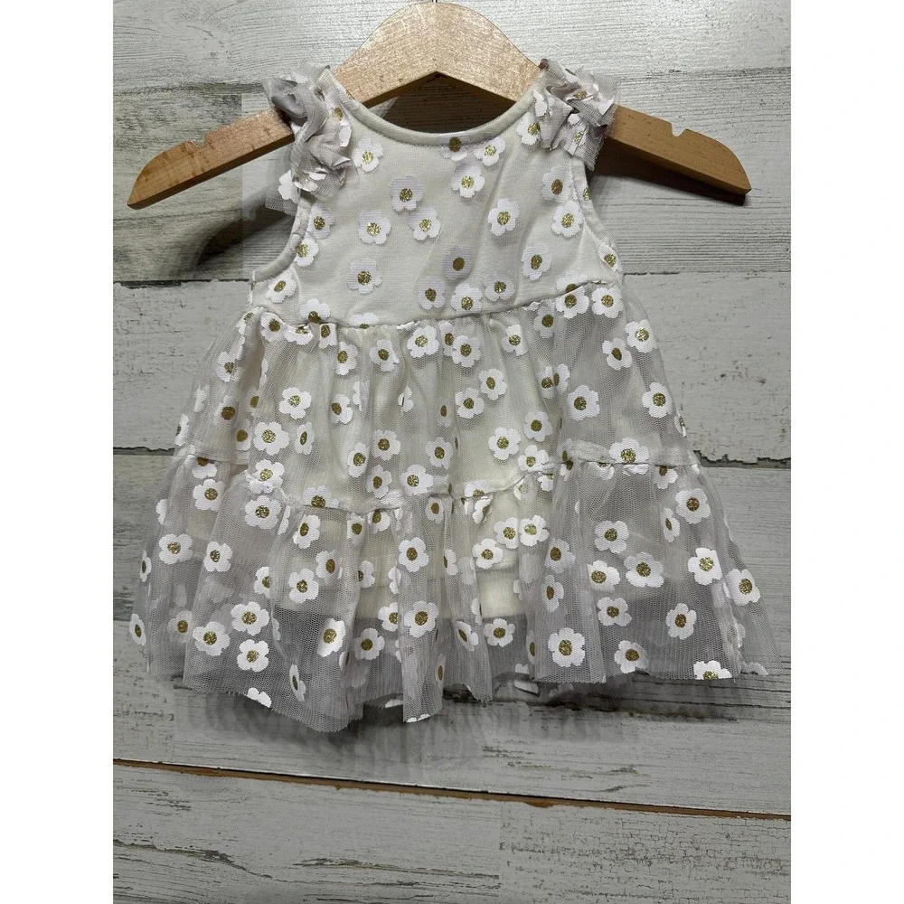 Cat & Jack‎ Tulle Dress Girls 0-3M White Gold Daisy Floral Party EUC